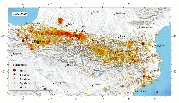 carte de la sismicite sur les pyrénés entre 1989 et 2009