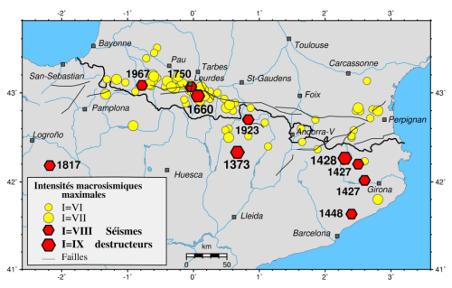 carte de la sismicité historique dans les pyrénées